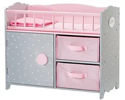 Lit de poupée avec armoire - Commode pour poupée - Soins de poupée - Fonction 3 en 1 - Longueur 54 cm - Pois roses gris