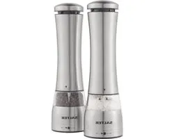 Electric Salt Pepper Mill Set - One Hand Push Button Operation Ceramic Mechanism Clear Acrylic Adjustable Grind LED Light Base Peppercorns Rock Salt Stainless Steel Electric Grinder Schnellgmox One-Handed Operated TWIN Pack