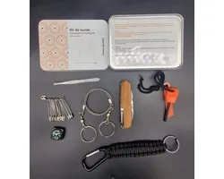 Survival Set - Survival Kit - Kit de Survie - Kompas - Draadzaag - Touw - Veiligheid Spelden - Pincet - Zakmes - Multi Tool - Vuur Steen - Robinson - Blik