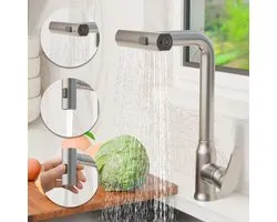 Robinet de cuisine RAYOFI avec bec extractible - 3 jets d'eau - Rotation à 360° - Installation facile - Gris - Acier inoxydable