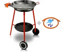 Le Pratique | Set Paella "Garcima Andreu" | (46cm) & Brûleur à gaz 2 feux (40cm) | COMPLET avec détendeur de gaz 30mbar et tuyau de gaz 150cm | Châssis mobile | Convient pour 12 personnes | Certifié CE | Fabriqué en Espagne