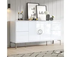 OKWISH Dressoir Sideboard Haute Brillance Avec 4 Tiroirs Et 2 Portes Pour Salon Salle À Manger Entrée MDF Blanc Avec Pieds Métalliques 150×38×59,5 Cm