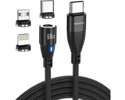 Mobstore Magnetische Oplaadkabel - 2 meter - Zwart - 3 in 1 - Snellader - 60W - Data overdracht - Geschikt voor Apple Lightning / USB-C / Micro USB kabel - Magneet Oplader - 3.0A Fast Charge Output - Werkt met Carplay