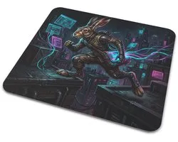 Muismat Cyberpunk Haas Hare Speed-Run Courier Bovenop Neon Daken van de Stad Dynamische Sci-Fi Kunst Olieverf Stijl Gaming Muismat en Bureau Onderlegger Cadeau voor Gamer en Thuiswerker 22x20 cm
