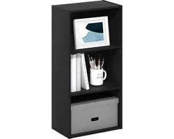 3-Tier Open Shelf Black Wood Bookcase - Furinno Luder