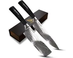 HI NATURE™ Koksmessen set 2 | Messensets 2-Delige Koksmes 20 cm & Nakiri Mes 17 cm Lemmet - Koksmes japans - Chef knife Damascus Patroon - Keuken Mes - Japans Snijmes | Ergonomisch Handvat - Japanse messen - Zwart