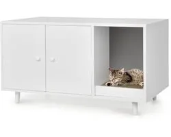 LIFEZEAL 2-in-1 Cat Cabinet with Scratching Board, Coffee Table with Cat House, Cat House with 2 Doors and Raised Legs, Litter Box, Cat Hutch, Brown (White)