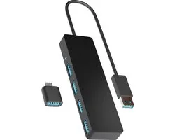Nuvance USB Hub - USB Splitter & USB C Hub met 4 Poorten - USB 3.0 – 5Gbps - Inclusief USB-C Converter - Universeel - Zwart