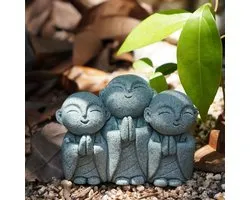 Set de 3 statuettes Jizo Bouddha japonaises moines souriants ornements en grès pour décoration de jardin et d'intérieur