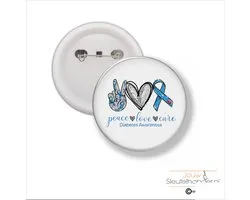 Button Met Speld 58 MM - Peace Love Cure Diabetes Awareness