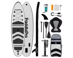 LifeGoods PaddlePro SUP Board - met Zitje - Opblaasbaar Paddle Board - Complete Set - Max. 150KG - 320x81cm - Wit/Zwart