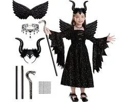GEEKEO Devil Costume for Girls Kids Halloween Evil Witch Costume 6 Pieces Evil Horns Headdress Black Wings Halloween - ShopVlot