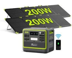 FOSSiBOT F2400 Groen Draagbare Powerstation 2048Wh 2400W continu 4800W piek LiFePO4, incl. 2x SP200 zonnepanelen | Snelladen UPS <10ms Noodstroom Camper Kamperen