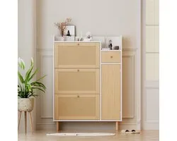 Re-purelife® Rotan Schoenenkast met 3 Klepdeuren en 1 Lade - Smalle Opbergkast voor Hal en Woonkamer - Natur/Wit Design met Massief Hout - Hoogwaardige Multifunctionele Meubel 90x17x125 cm