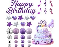 32-delige paarse discobal-taartversieringsset, Happy Birthday-taartversiering, muziek- en feestaccessoires, discobal-taartversiering in K-Pop-stijl voor retro-karaoke, Dancing Queen-verjaardagen en di