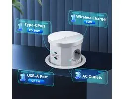 Prise de Table Aafinity - Prise avec USB - Prise Encastrée - Prise de Table – Charge Rapide PD 20W USB-C, Chargeur Wireless 15W – 3 Prises - Wit