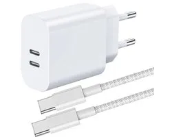 45w power adapter + usb C kabel 2 meter - snellader - usb C naar usb C - usb C oplader - 2 poorten - voor telefoon, tablet, laptop