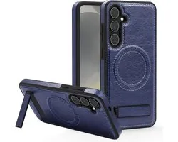 Geschikt voor Samsung Galaxy S26 Plus - Magnetisch - Geschikt voor Mag - Kickstand - Premium Lederen Back Cover Hoesje - Blauw