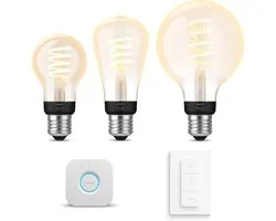 Philips Hue Starterspakket - E27 - met 3 Filament Lampen Mix - Warm tot Koelwit Licht - Incl. 1 Hue Bridge, 1 Hue Dimmer Switch - Hue White Ambiance Filament
