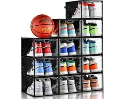 12 Pcs Large Shoe Storage Box, Clear Shoe Storage Organizer with Magnetic Door, Stackable, Shoe Containers for Display Sneakers, Easy Assembly, Fits up to US Size