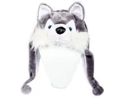 KIMU® Muts Flappen Grijze Husky - Laplander met Oortjes Wolf Hond - Bontmuts Kinderen of Volwassenen met Klein Hoofd - Wolvenmuts Flapmuts Pluche Halloween