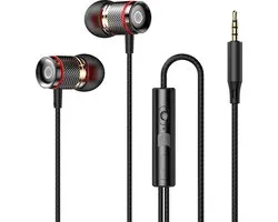 Bedrade oortjes - In Ear Oordopjes - Oortjes met Draad en Microfoon - Extra Bass - 3,5mm Jack Aansluiting - 120cm kabel - Aluminium behuizing- Zwart