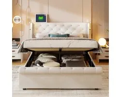 Tweepersoonsbed 140x190cm met USB/LED, hydraulisch opbergbed, continental bed, jeugdbed met lattenbodem en opbergruimte, fluweel