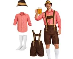 Oktoberfest Set Heren 4-Delig - Lederhosen Man met Blouse, Hoed en Sokken - Polyester - Tiroler Pak Heren - Carnavalskleding Heren - Partyxclusive - Rood - Maat M