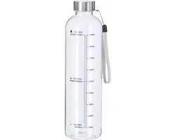 Makito Waterfles/drinkfles - motivatiefles - transparant - Met RVS dop - 1000 ml - D7 cm - Met capaciteitsindicator
