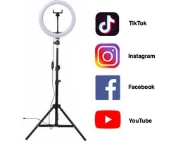 a sunny day LED Ringlamp met statief (verstelbaar) incl telefoonhouder - 26 cm/10 inch -186 cm hoog - USB - TikTok - Ringlight - flitser - Ring lamp - Vlog - Make-up light - Studiolamp