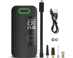 Luchtcompressor 4000 mAh – Elektrische fietspomp met Digitale Drukmeter - Oplaadbaar & Draadloos - Auto-Stop & LED Verlichting – Bandenpomp Voor Auto, Motor & Ballen - Ballenpomp - Inclusief Opzetstukken en Reistas - Zwart