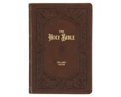 KJV Study Bible, Large Print King James Version Holy Bible, Thumb Tabs, Ribbons, Faux Leather Saddle Tan Framed Art Nouveau Debossed
