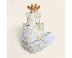 Gâteau de couches - crème - 3 couches - chaussettes - couche - peluches - bavoir