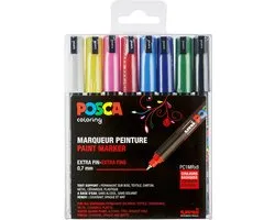 POSCA PC1MR, 8 Marqueurs peinture base eau - Tout Support - Set Basique Uni Mitsubishi Pencil - Pointe conique extra-fine calibrée 0,7mm. Couleurs couvrantes, permanentes sur surfaces poreuses
