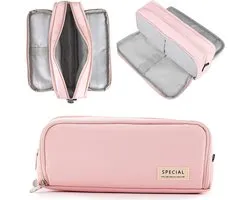 Trousse à crayons pour filles et garçons avec 3 compartiments Grande trousse à crayons pour filles et adolescents Trousse à crayons à 3 compartiments pour enfants, étudiants, adultes, école, bureau, cadeau de maquillage Porte-cartes de visite rose