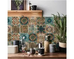 24 Pieces Moroccan Tile Stickers for Kitchen Bathroom Self Adhesive Wall Tiles - Vintage Mosaic Art Stickers - Waterproof Oil-proof - 20cm x 20cm - Brown Tegelstickers