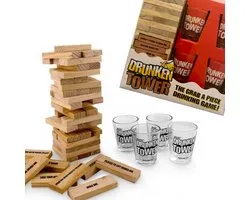 Drankspel - Jenga - Stapeltoren - Shotjes - Drinkspel - Spel - Drunken / Tipsy Tower - Drinkspel - Gezelschapsspel Voor Volwassenen - Drank Spel - Incl 4 Glazen Shot Cups - Hout
