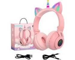 SnelShoppen - Unicorn Bluetooth Hoofdtelefoon, Draadloze Over-Ear Headset met LED Verlichting, Stereo Geluid, Microfoon - Roze voor Kinderen en Feeste