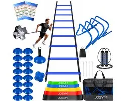 JOGYM® - Voetbal Spullen - Voetbal Trainingsmateriaal - Training set 9-Delig – Voetbal Accesoires - Voetbal Speelgoed - Speedladder - 4 Hordes - Sprint Parachute - 16 Pionnen - Weerstandsbanden set - Springtouw - Reflexbal - Training guide - Draagtas