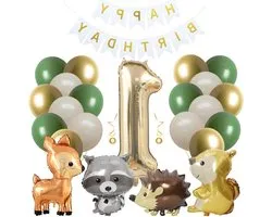 1st Birthday Decoration Set with Forest Animal Foil Balloons (Squirrel, Hedgehog, Elk, Raccoon) - Includes Number 1, Avocado Apricots Latex Balloons, White Banner - for Baby Shower and Children