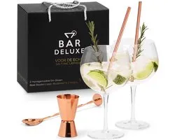 BarDeluxe® Gin Tonic Glazen - 500ml - Gin Tonic Geschenkset - Handgeblazen - Gin Glazen - 2 Stuks - Gin Set - Kristal - Cadeau voor Vrouw - Cadeau voor Man - Inclusief 2 Gin Glazen, Gin Tonic Lepel, Maatbeker, 2 RVS Rietjes & Receptenboekje