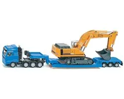 SIKU 1847, MAN Vrachtwagen met Liebherr graafmachine, 1:87, metaal/kunststof, blauw/geel, ontkoppelbare aanhanger