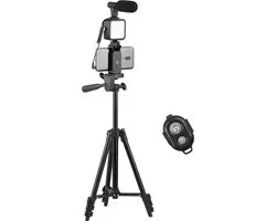 Ce kit vidéo de vlog mobile comprend un trépied réglable en hauteur, une lampe LED et un câble pour la télécommande de l'obturateur, ce qui le rend idéal pour la création de vidéos avec votre téléphone portable.