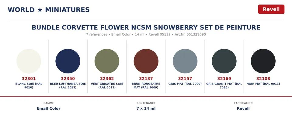 Revell 05132 Set 7 Peintures Email Color 14ml Corvette Flower NCSM Snowberry