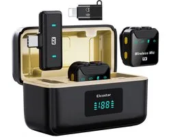 Elcostar© Draadloze Microfoon Pro - 2 Stuks - Draadloos - Oplaadcase - Lavalier - Windshields - Dasspeld - Plug & Play - Lange Batterij - USB-C & Lightning - Noise Cancellation
