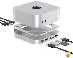 Casecentive - Aluminium 8-in-1 Dockingstation Hub Stand - Geschikt voor Mac Mini M4/M4 Pro - HDMI - USB C - USB A - (Micro)SD card - SSD Slot - Zilver