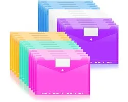 30 x Chemises A4 en plastique transparent perforées avec fermeture à clip et étiquette pour documents, papiers, cartes (Couleurs mélangées)