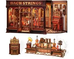 CuteBee CWGB404 Bach Strings instrumenten winkel Book Nook Bouwpakket | Miniatuur theatrale huisjes pakket modelbouw voor volwassenen | Houten 3D Puzzel | Woonkamer decoratie boekensteun | Led lights verlichting ingebouwd | DIY boekenhouder collectie