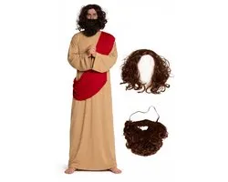 Partychimp Costume Jésus 4 Pièces Robe/Châle/Perruque/Barbe Costume Jésus Vêtement de Déguisement Adultes Vêtements de Carnaval Costume Carnaval Hommes - Beige - Polyester - Taille Unique