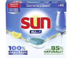 Sun All-in-1 Vaatwastabletten Citroen 46 Tabletten - Verwijdert Hardnekkig Vet - Beschermt Glas & Pannen | 46 x Dishwasher Tablets Lemon Ecolabel